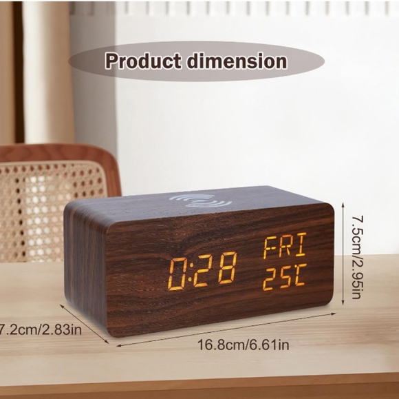 Digital Wooden Alarm Clock with Wireless Charging - Picture 3 of 5